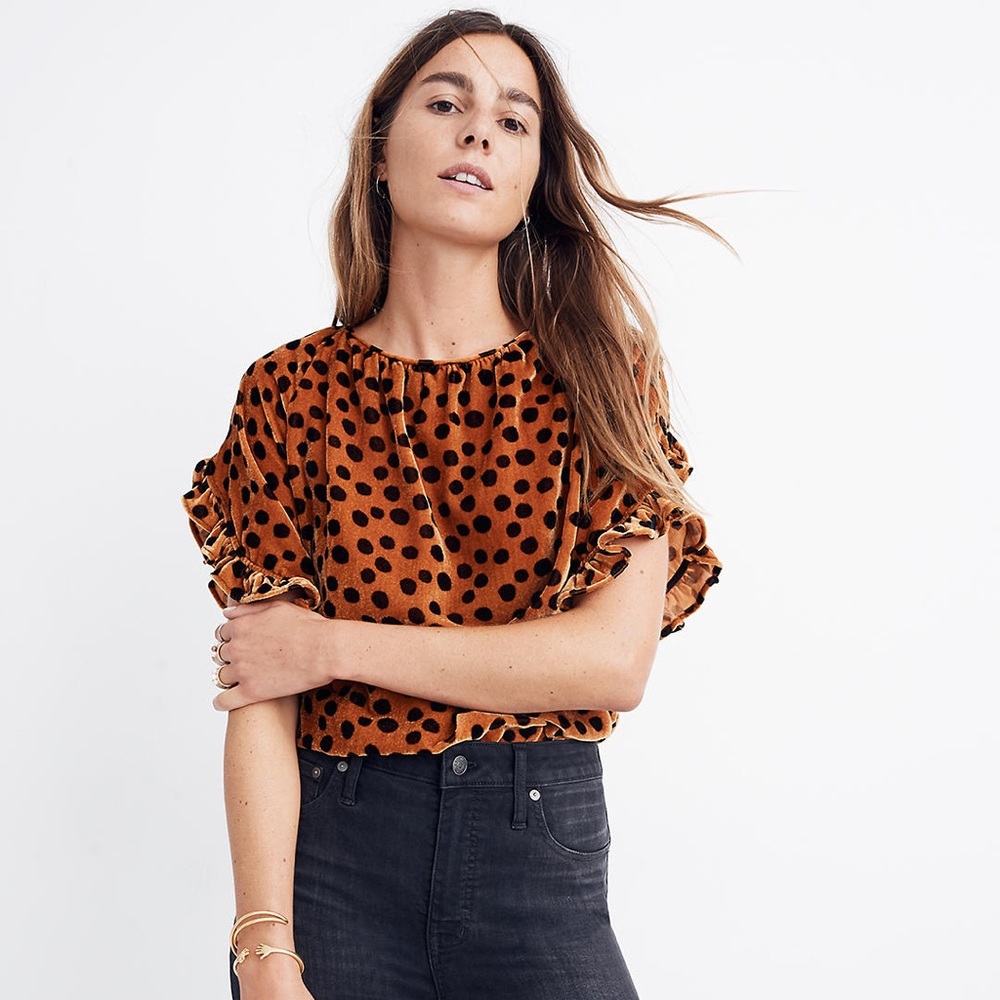 Madewell Velvet Memento Ruffle-Sleeve Top in Leopard Dot